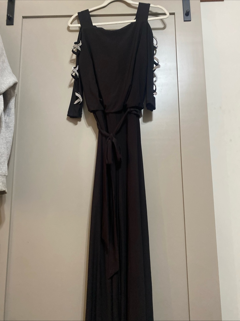 J.B.S. Black Cold-Shoulder Jumpsuit with Rhinestone Bow Details
